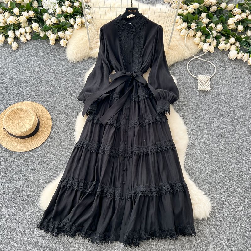 Accessible Luxury French Style Fancy Stand Collar Dress Female Lantern Sleeve Embroider Lace-up Waist-Controlled Design Graceful Long Expansion Skirt
