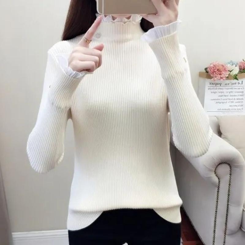 Spring Autumn Cashmere Sweater Women's Knitted Sweater Half High Neck Soft Pullovers Long Sleeves Sweaters Pull Femme