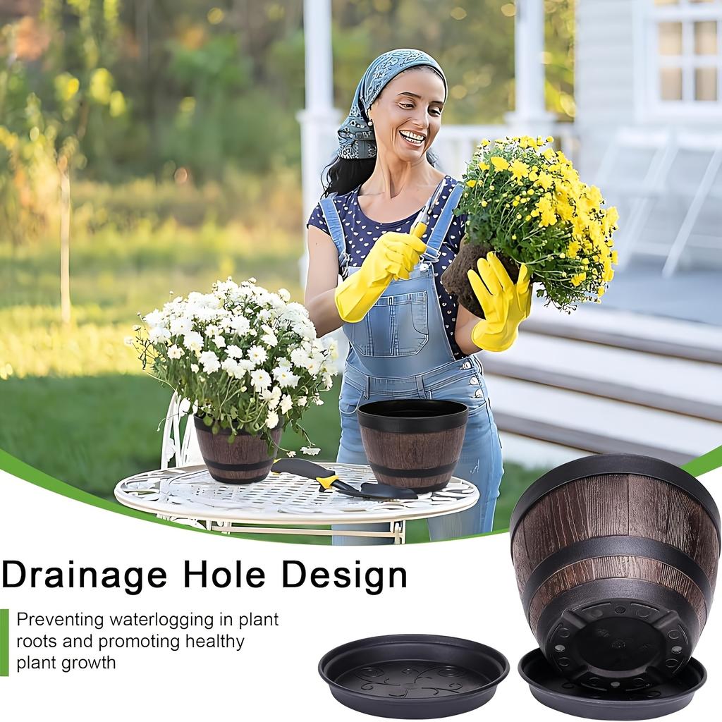 2pcs A Set of Retro Barrel Flower Pots with Tray - One Base + One Pot, Striped Plastic Flower Pot with Drainage Holes, Suitable for Indoor and Outdoor