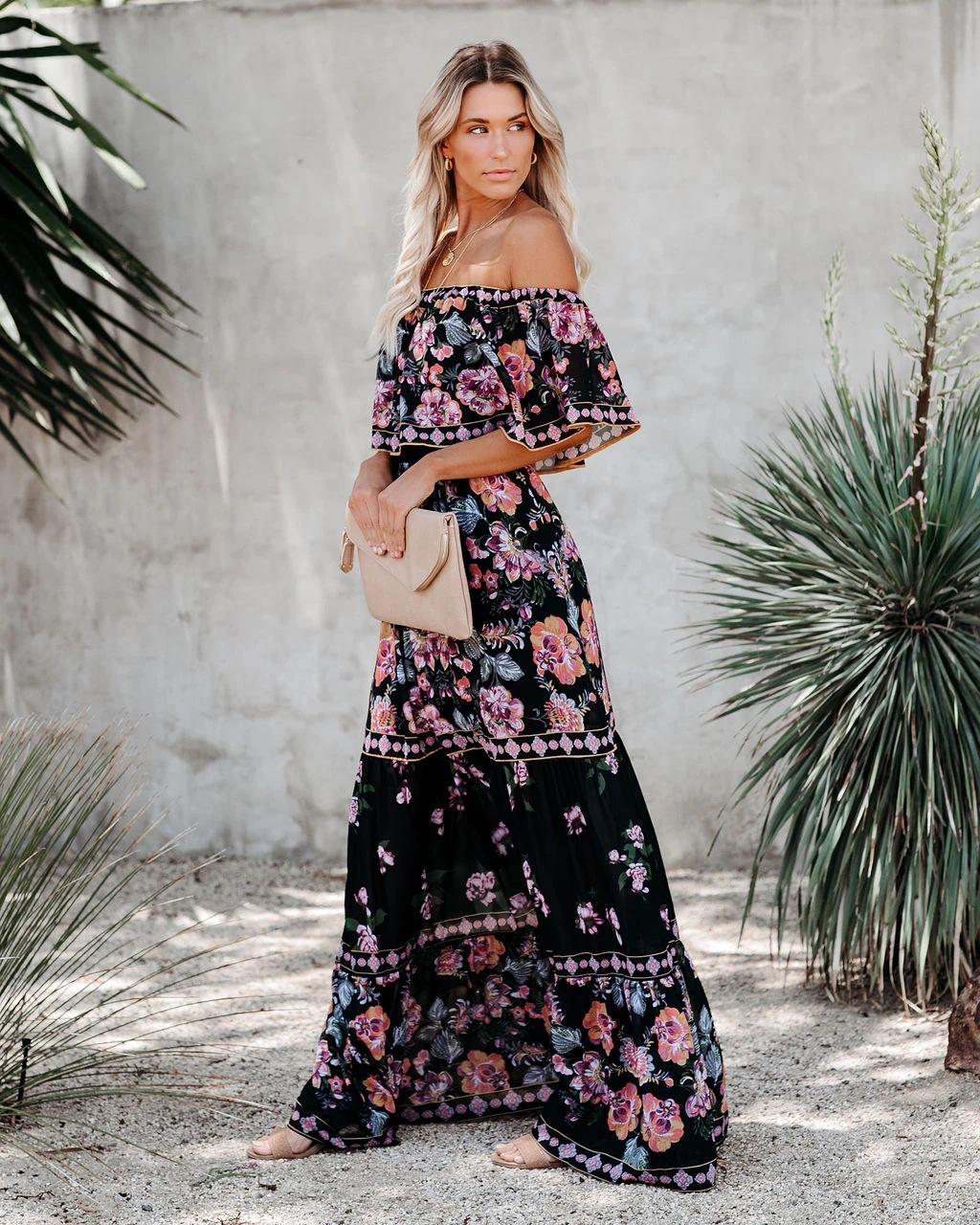 

European And American Spring And Summer Casual Women S Clothing New One-Word Shoulder Printing Long Pendulum Casual Dress Women S