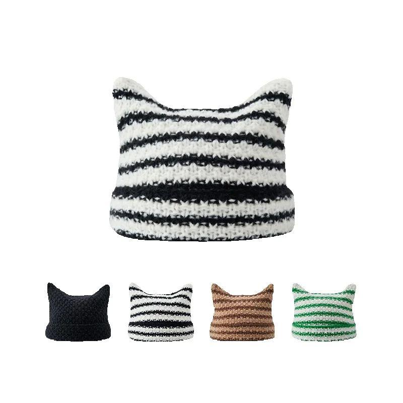 Unisex Cat Ear Stripe Knit Hat Japanese Style Winter Warm Couple Beanie Minimalist Cold Weather Outdoor Fashion Warm Cap