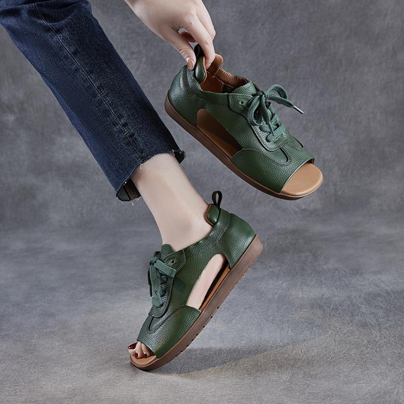 Fashion GKTINOO Genuine Leather Sandals Women 2025 Summer Open Toe Flat Shoes Handmade Retro Lace-Up Comfort Soft Casual Roman Sandals