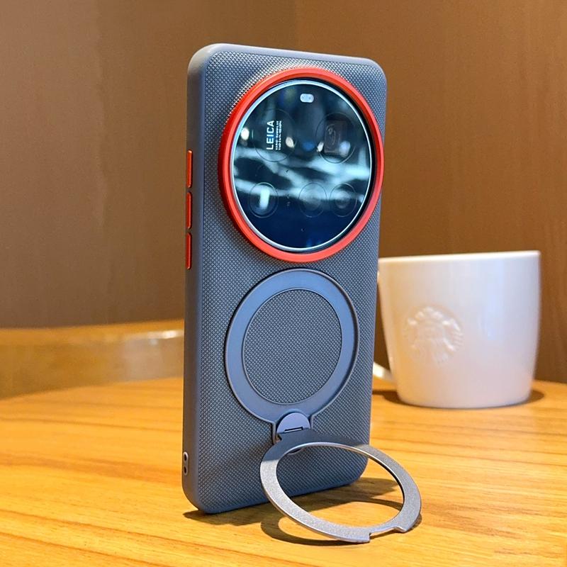 Para Xiaomi 15 14 Ultra Funda Magnética de Metal Soporte Giratorio 360° Soporte Patrón de Rejilla Cuero Buen Agarre Cubierta Trasera Suave