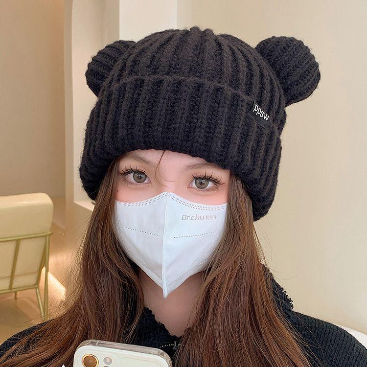 Female Winter Thick Section Hat Cute Small Bear Ears Loose Woolen Cap Warm Hundred Take Show Face Small Knitting Cap