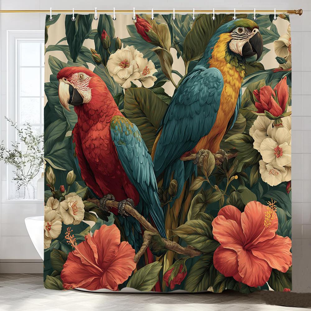 Tropical Plants, Flowers and Birds Shower Curtain, Bathroom Decorative Shower Curtain, Print Polyester Fabric Curtain with Hooks