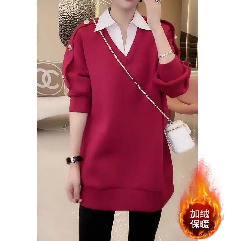 Loose Fake Two-piece Sweatshirt 2025 Autumn and Winter New Fashion Slimming Spliced Shirt Collar Casual Top