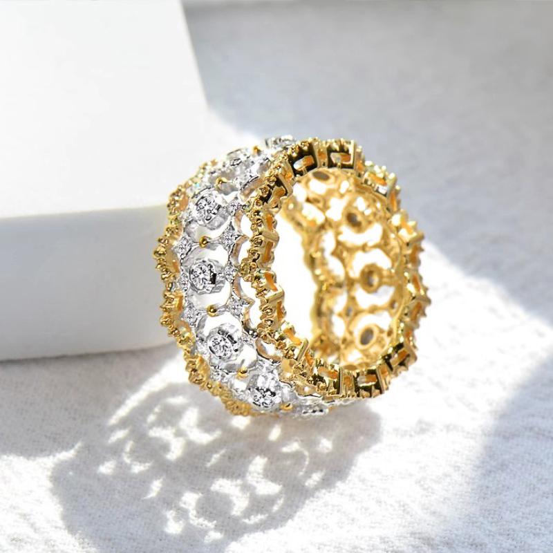 Huitan Gorgeous Hollow-out Design Ring Lady Luxury Wedding Band Fashion Two-tone Style Finger Jewelry Shiny Zirconia Accessories