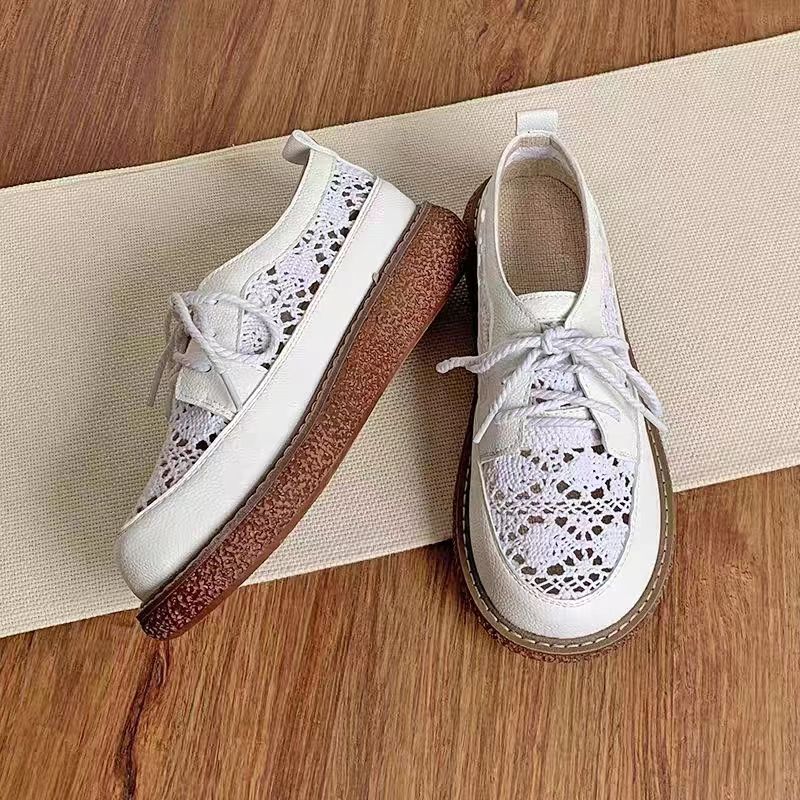 Retro forest style mesh sneakers woman casual lace up flats 3cm thick bottom cut-outs knitting loafers round toe hollow out shoe