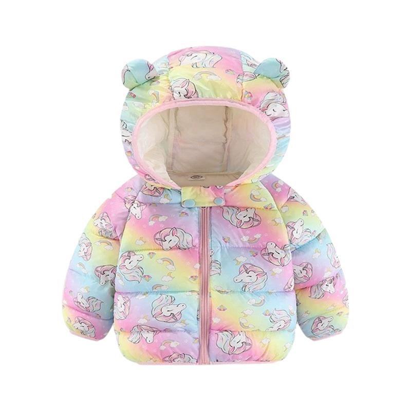 1-8 Years Kids Girls Winter Warm Hooded Coat Printed Zipper Jacket