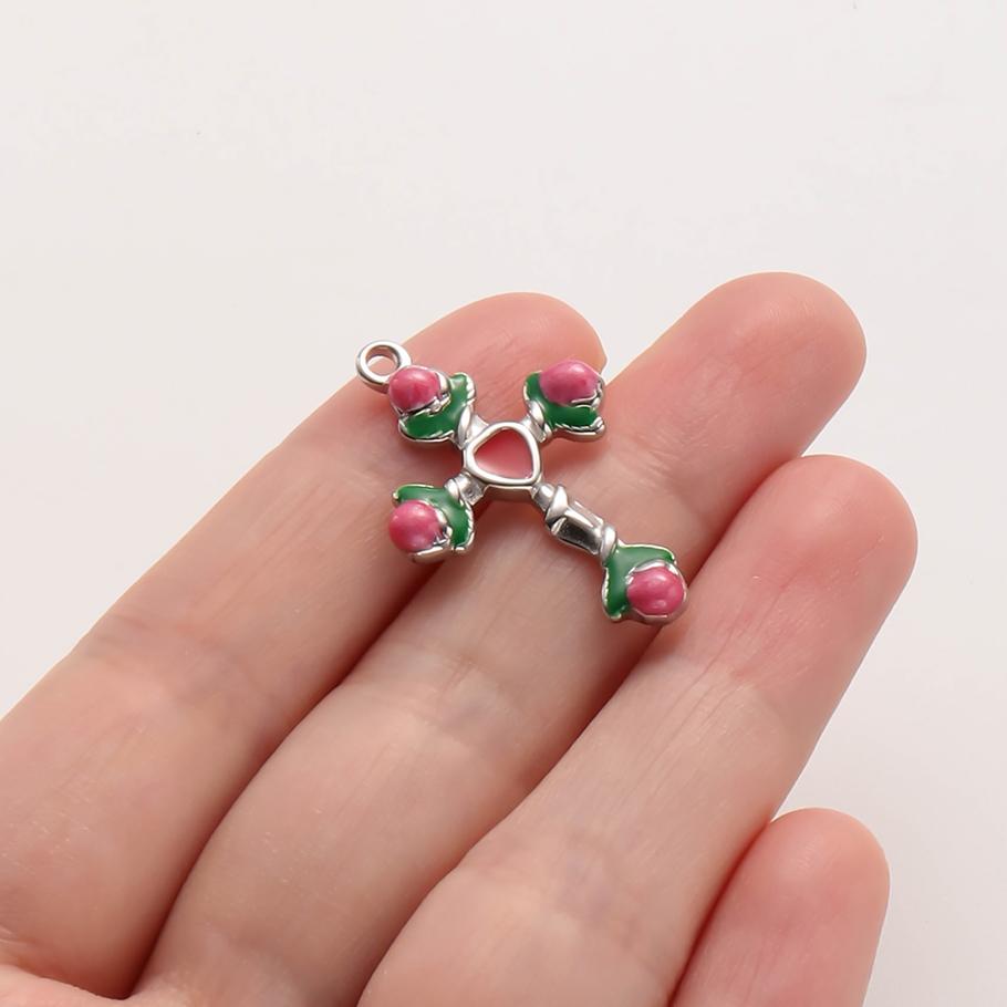 3pc Girl Pendant Hot Pink Oil Dripping Stainless Steel Plant Tree Flower Charm Pendants For Jewelry Making Supplies DIY Keychain