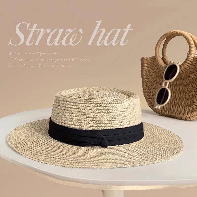 New French Flat-top Straw Hat Women's Big Head Circumference Seaside Beach Top Hat Woven Sun Hat Summer