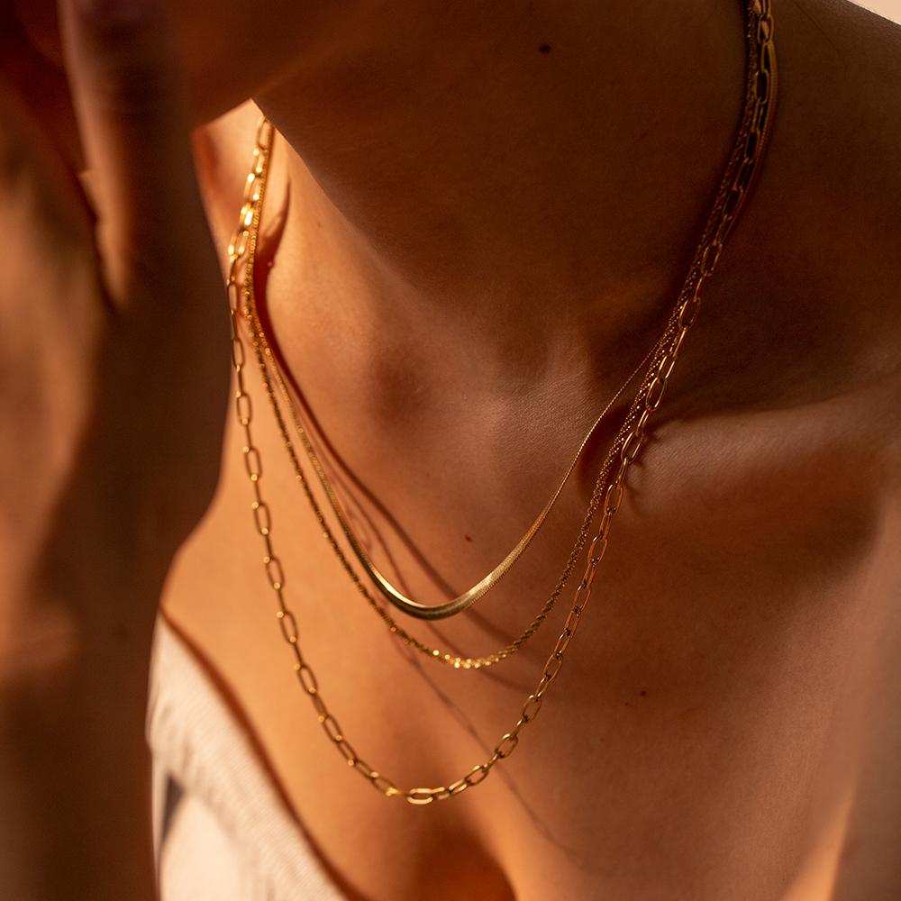  New Trendy 18K Gold Plated Stainless Steel Jewelry Waterproof Three Layer Stacking Necklace Collares Para Mujer