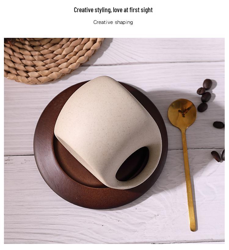 Retro Keramik Kaffee Tasse & Untertasse Set mit Holz Untersetzern & Löffeln – Ideal für Latte, Americano und Nachmittagstee