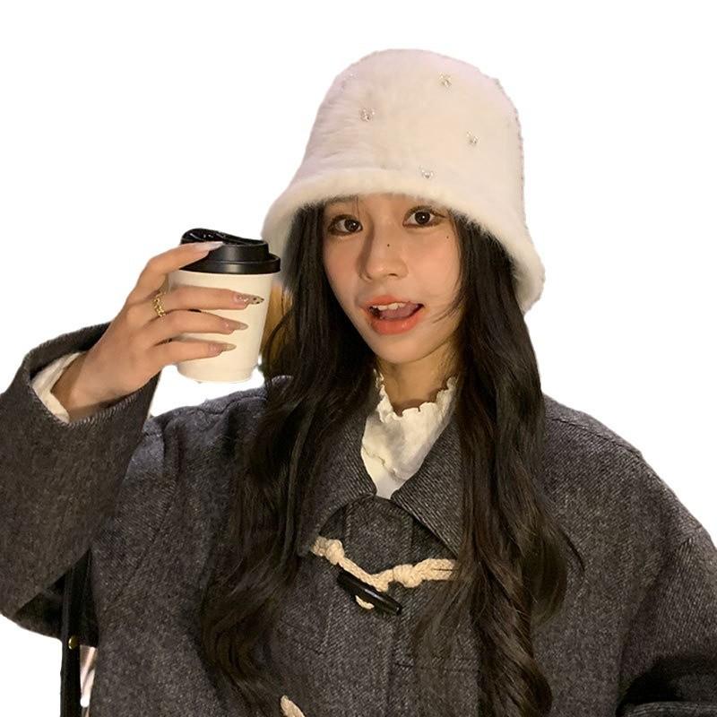 Rabbit hair beret female autumn and winter versatile sweet cute pearl flowers warm age-reducing painter hat big head circumference