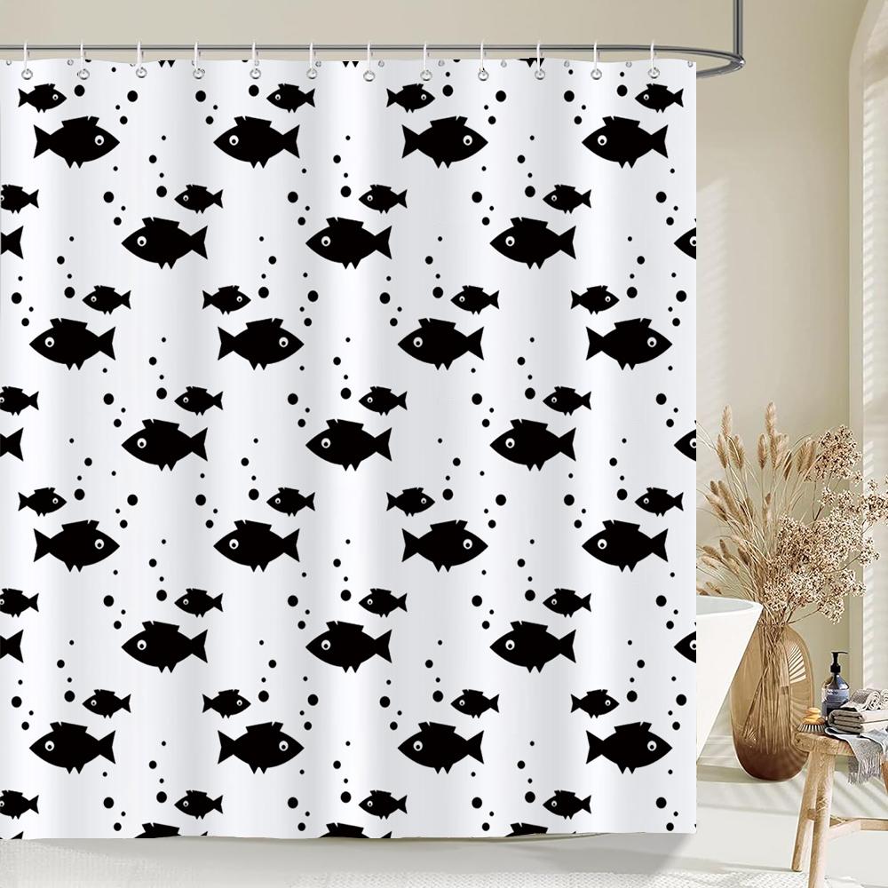 Black and White Simple Cartoon Shower Curtain Washable Polyester Bathroom Curtains Decor Bathtub Partition Curtain With Hooks