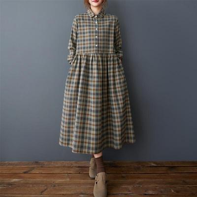 Langärmeliges Baumwoll-Vintage-Karokleid in Übergröße, neu in Kleider für Frauen, lässiges, lockeres Frühlings-Herbstkleid
