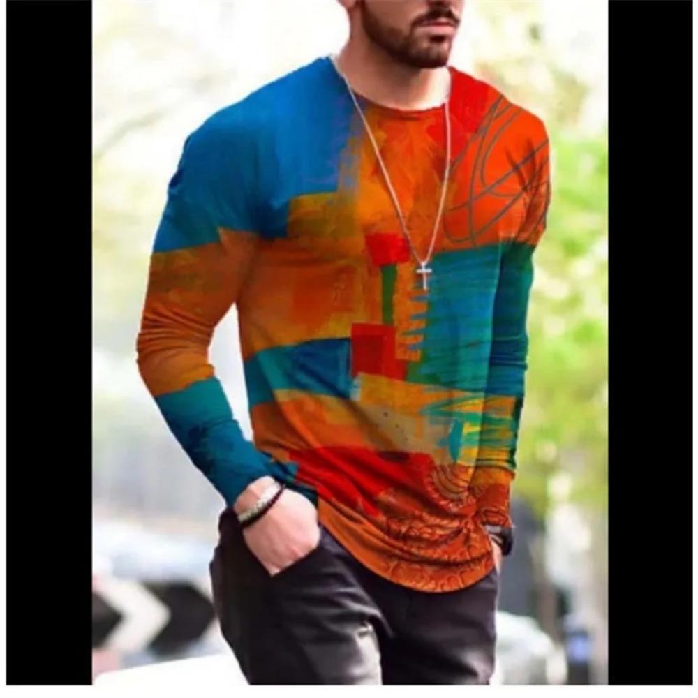 Camiseta masculina retrô com gola redonda e manga comprida, estampa colorida em bloco 3D, primavera, outono, solta, casual, roupa masculina