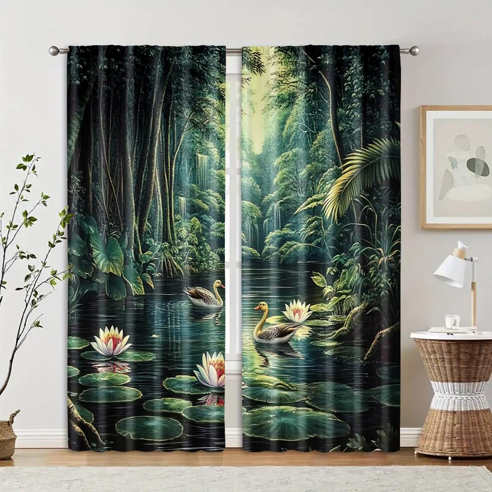 

2 pcs, filtering curtains (excluding rods, non-movable, without batteries) A duck resting quietly by the pond for use in 29x65in(75x166cm)
