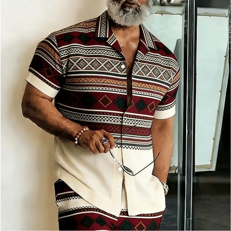 Men s Ethnic Geometric Stripe Patchwork Short Sleeve Shirt, Spring Summer Bohemian Blouse, Loose Casual Top S