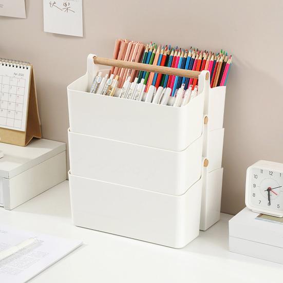 Desktop Plastic Caddy with Wooden Handle Art Supply Organizer Bin with Adjustable Dividers Makeup Basket Storage Tote for Colored Pencils Brushes