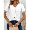 Women Short Sleeve V Neck Hollow Lace Trim Button T Shirt