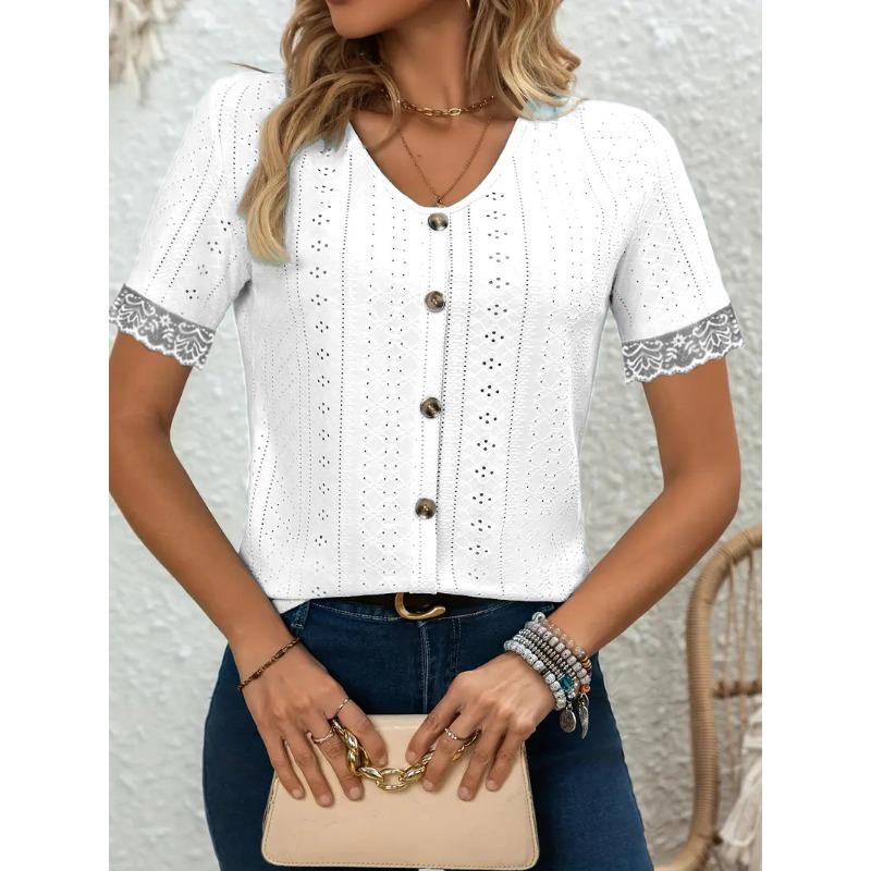 Women Short Sleeve V Neck Hollow Lace Trim Button T Shirt