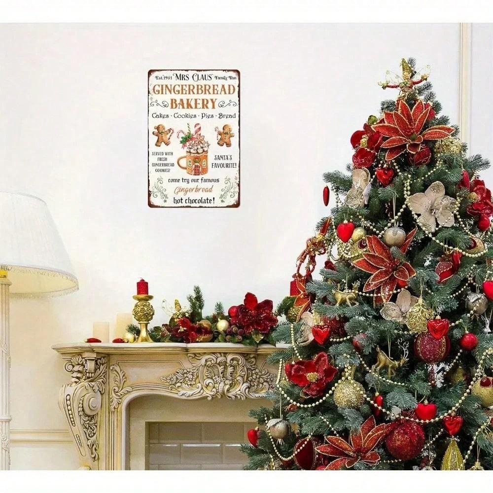 Vintage Christmas Tin Wall Art Rustic Gingerbread Bakery Sign Kitchen Decor