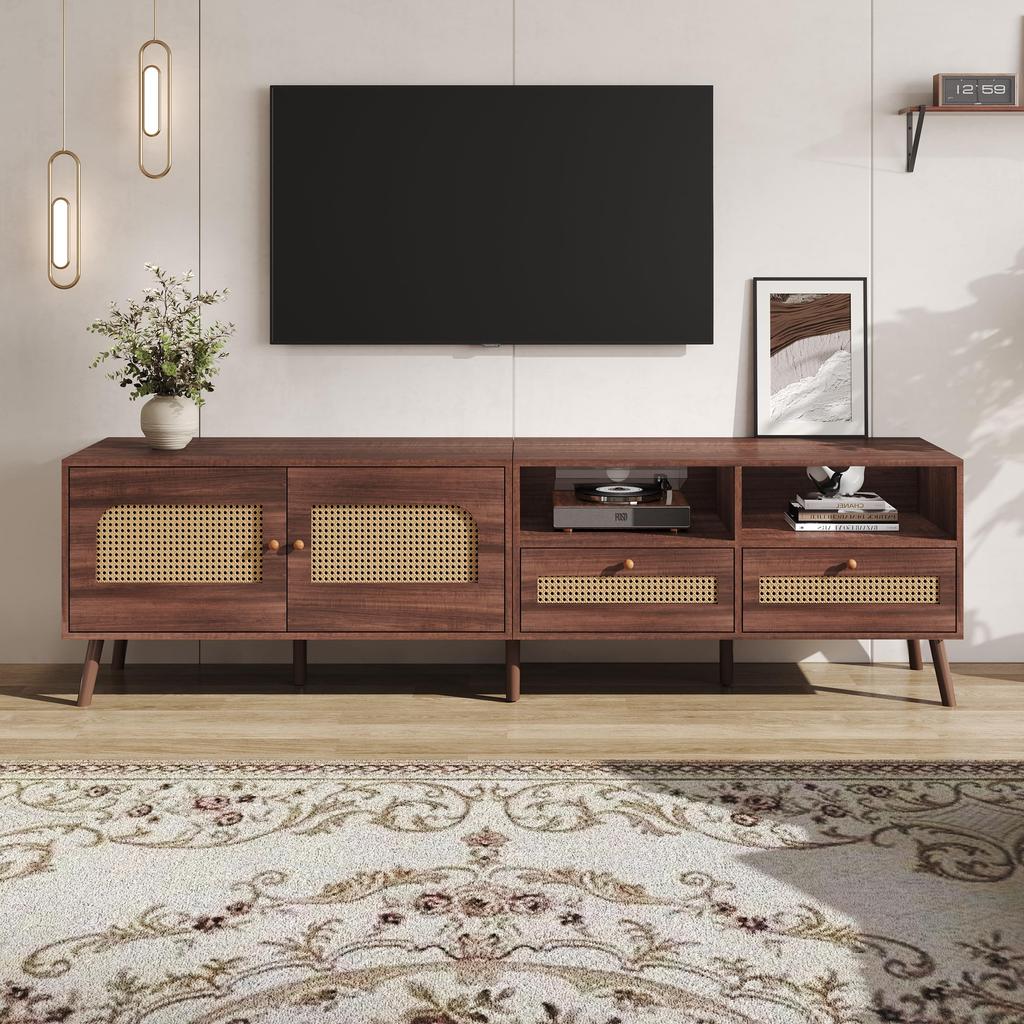 TV Ständer, Lowboard TV Board 2 2 Schublade, Offene Staufächer, TV-Schrank Landhausstil Sideboard, Wohnzimmer Esszimmer, 200cm, Braun