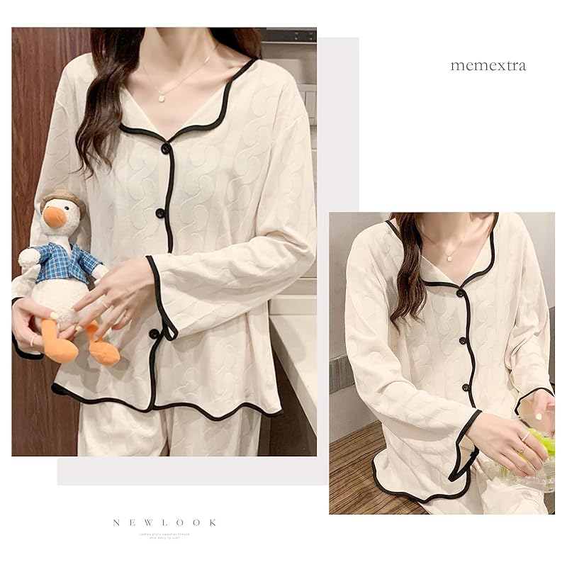 [MEME XTRA] Pajamas Ladies Front Opening Top and Bottom Set Room Wear Room Wear Thin Plain Color Sweat Absorption Ventilation Long Pants Sleeping