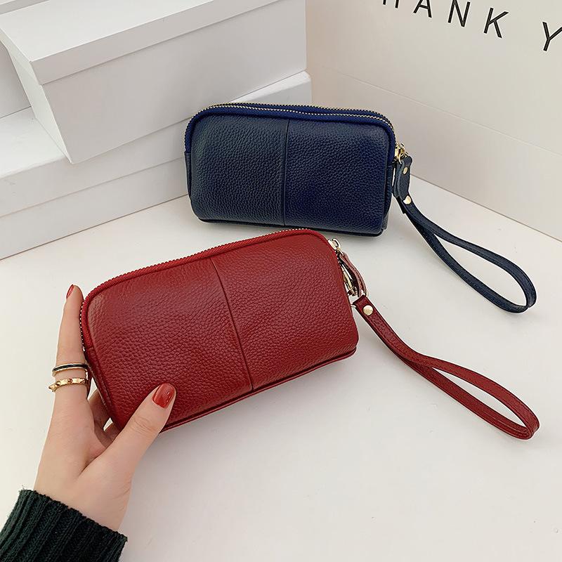Genuine Leather Women Wallet Zipper Lining Purses For Ladies Wristlet Bag Lady Clutch Coin Purse Cowhide Mobile Phone Bag Black