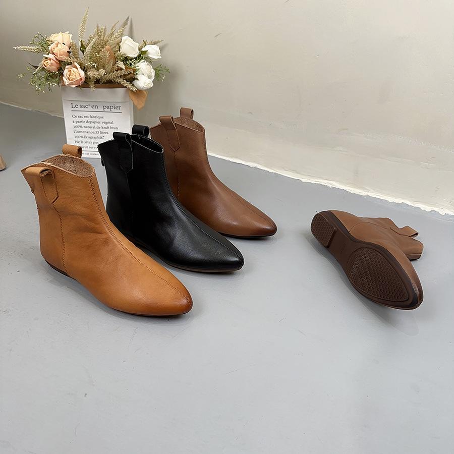 Johnature Retro Women Short Boots Genuine Leather Solid Color Shoes Handmade Round Toe Back Zipper Ankle Boots