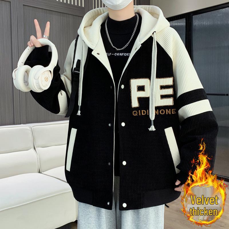 

Men s Junior High School Fleece-Lined Cotton Baseball Jacket - Trendy Autumn/Winter Outerwear for Youth M (80-100 jin)