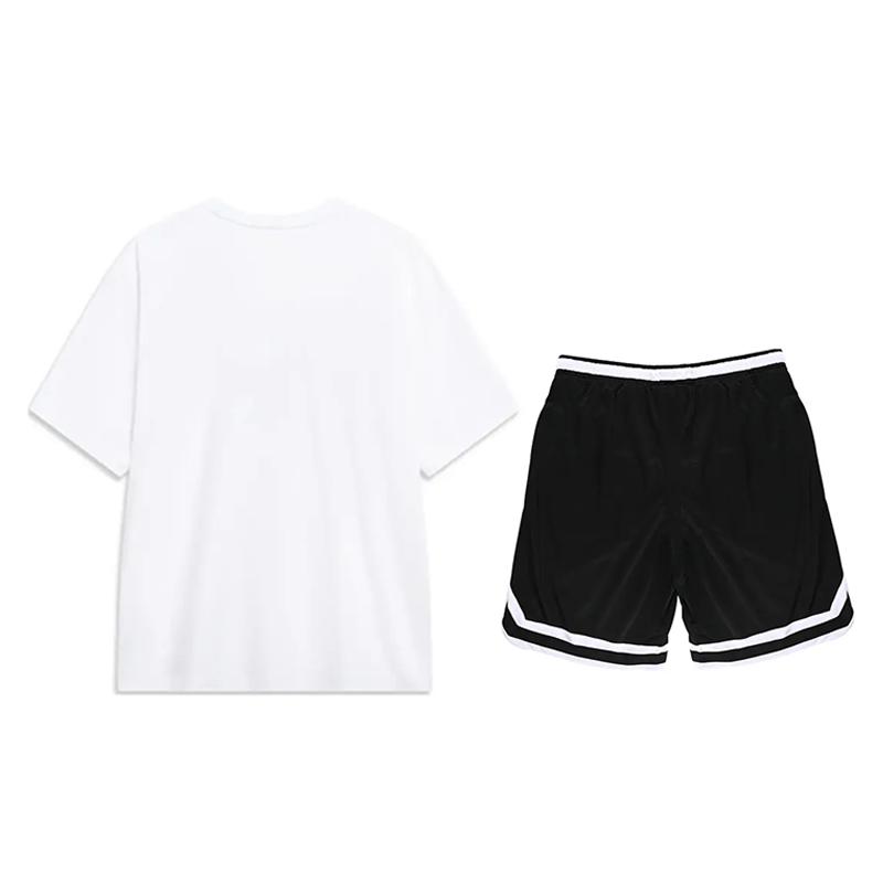 Li Ning High Street American Vintage Round Neck Letter Short Sleeve Solid Color Fashion Comfortable Shorts Casual Sports Suit AHSU803-1+YAPV001-1