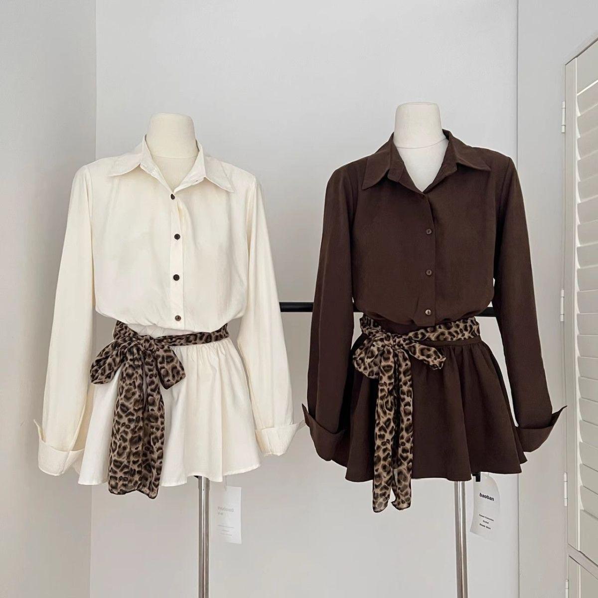

2025 Autumn Women s Leopard Print Polo Collar Long Sleeve Dress with Ribbon Belt M, 91-105 jin