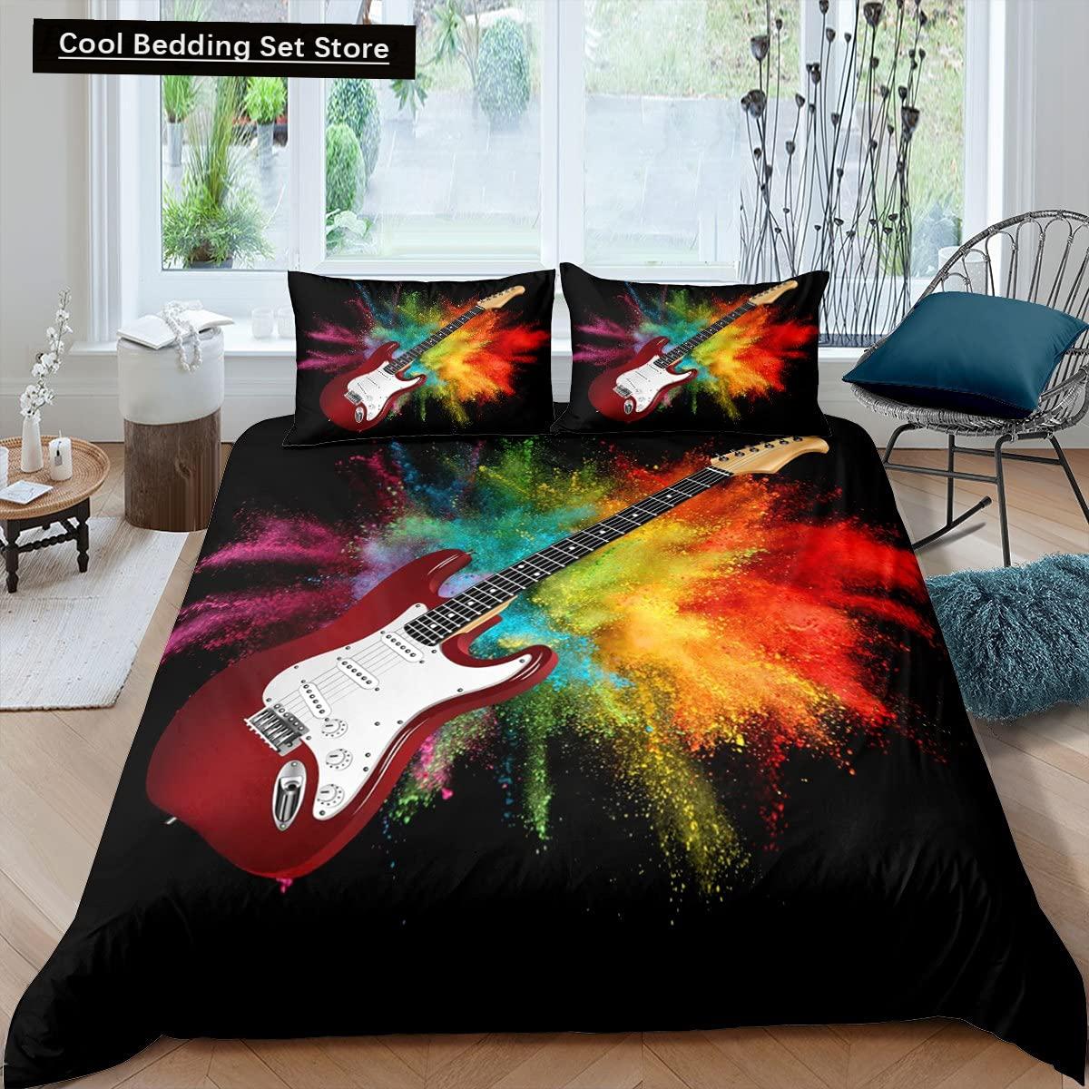 

Электрогитара King Queen Пододеяльник Струнный инструмент Постельное белье Музыкальная нота Пододеяльник Хиппи Полиэстеровый чехол EU single(135x200cm)