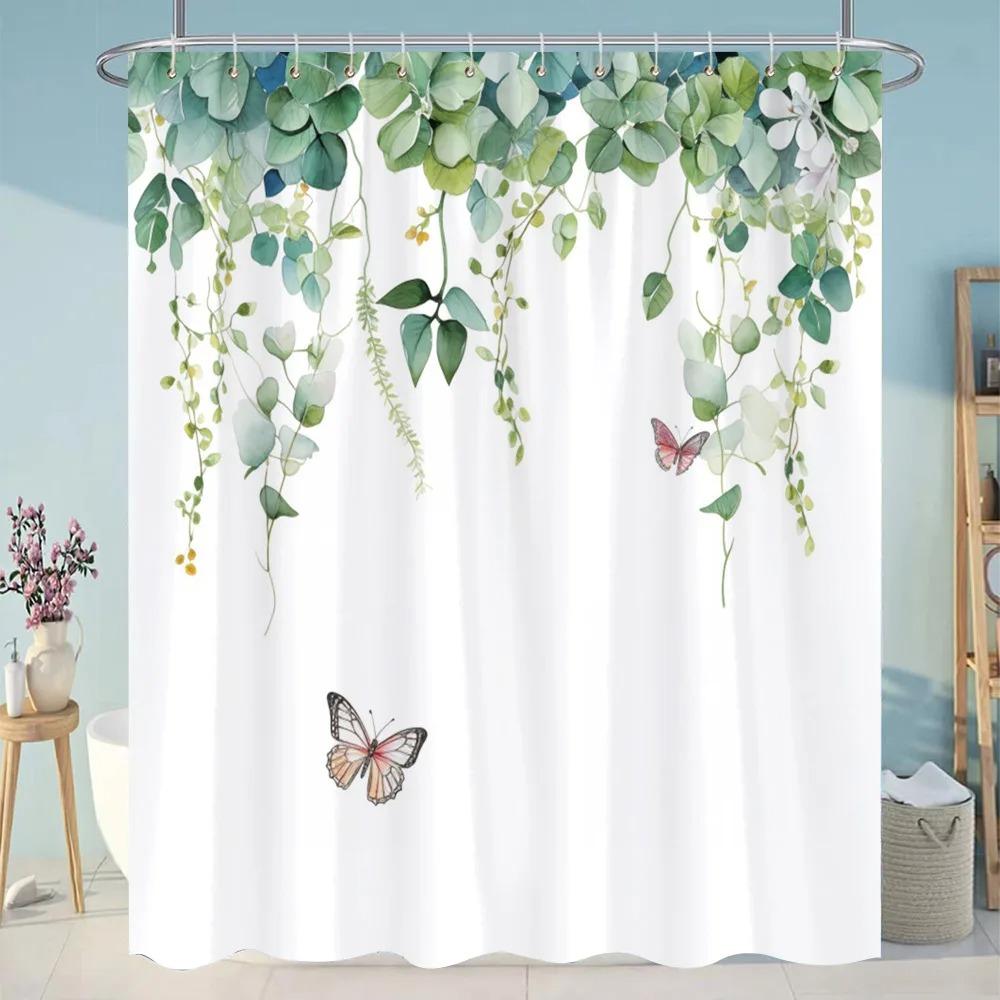 Tropical Greens Botanical Bath Shower Curtain Floral Butterfly Washable Hanging Curtain Bathroom Shower And Tub Decor With Hooks