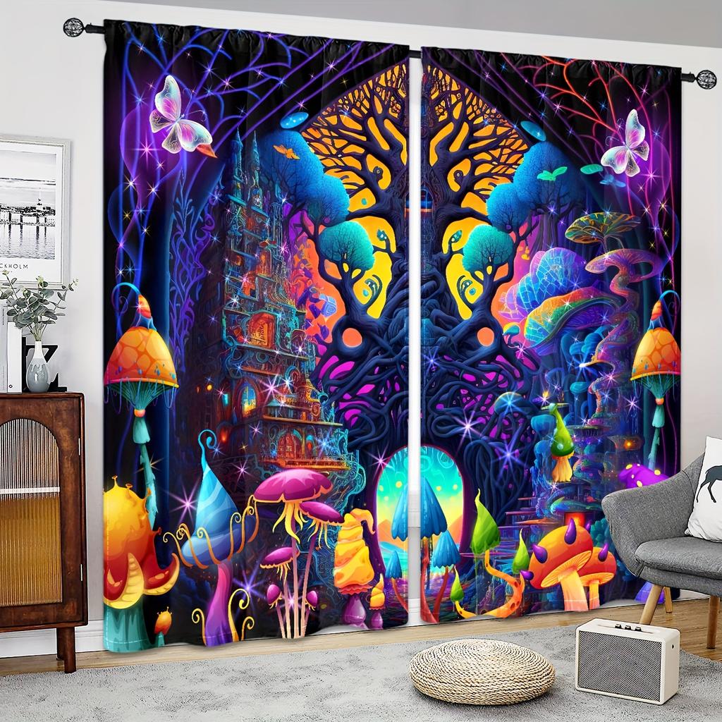 2pcs Five-colored Butterfly Printed Curtains, Study Room Kitchen Living Room Dorm Room Rod Pocket Window Drapes, Bedroom Accesso