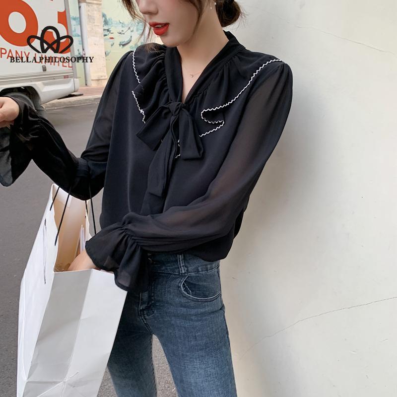 

Осенний новый однотонный шифоновый топ с v-образным вырезом и длинными рукавами, повседневная одежда, женская модная одежда XL чёрный