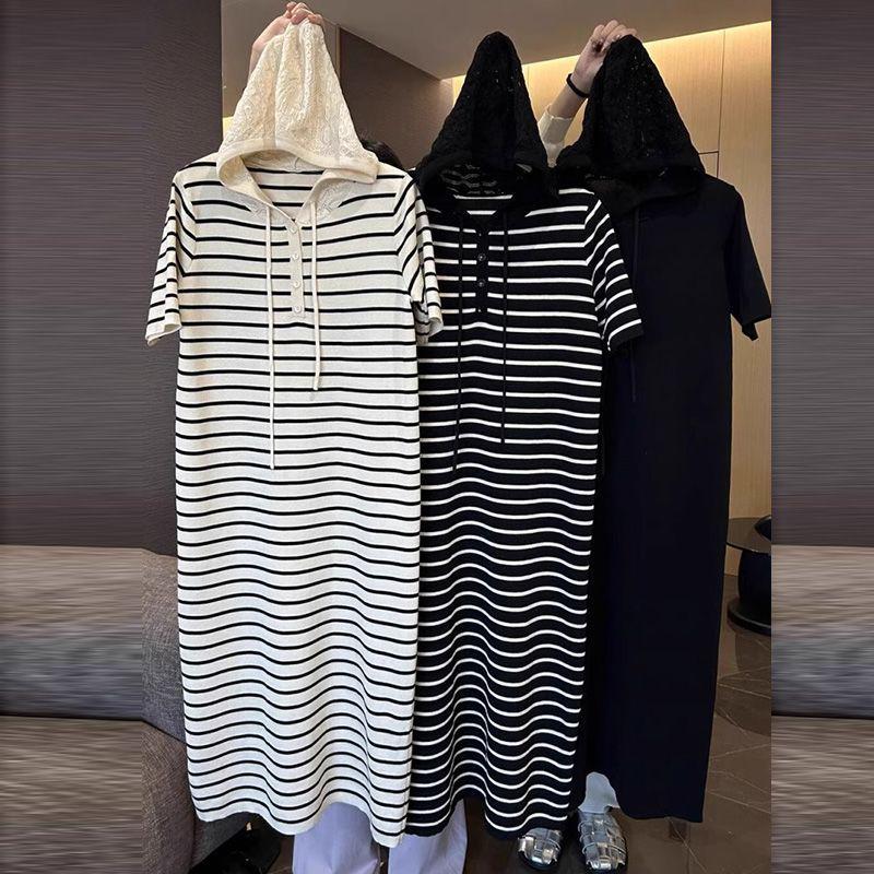 Korean Casual Striped Knit Hoodie Dress for Women, Summer College Style S (42.5-50 kg) чёрный