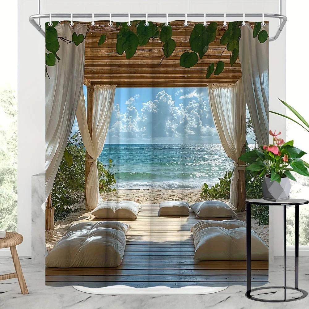 Elegante Cortina de Ducha Impermeable con Vista a Playa Tropical – Perfecta Para Traer una Atmósfera Relajante Inspirada en el Paraíso
