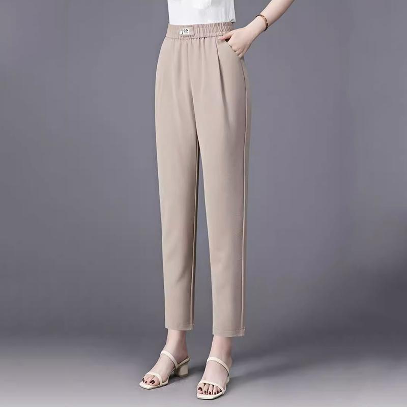 Summer Thin Ice Silk Cropped Casual Harlan Pants Women Solid Elastic Waisted Pockets Fashion Versatile Loose Straight Trousers