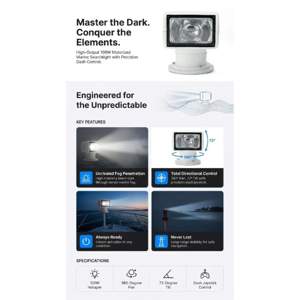 Motorized Boat Spotlight 100W Halogen Marine Searchlight 12V 24V, 360 Pan 72 Tilt with Wired Dash Remote for Truck Yacht