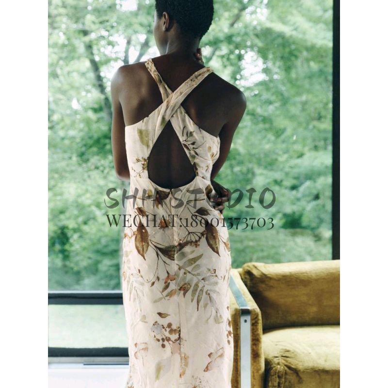 Spring New Arrival French Style Evening Long Dress Back Cross Design Print Hanging Collar Dress 5107247