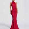 European-American Elegant Halterneck Pleated Slim Gown - Sexy Backless Long Dress