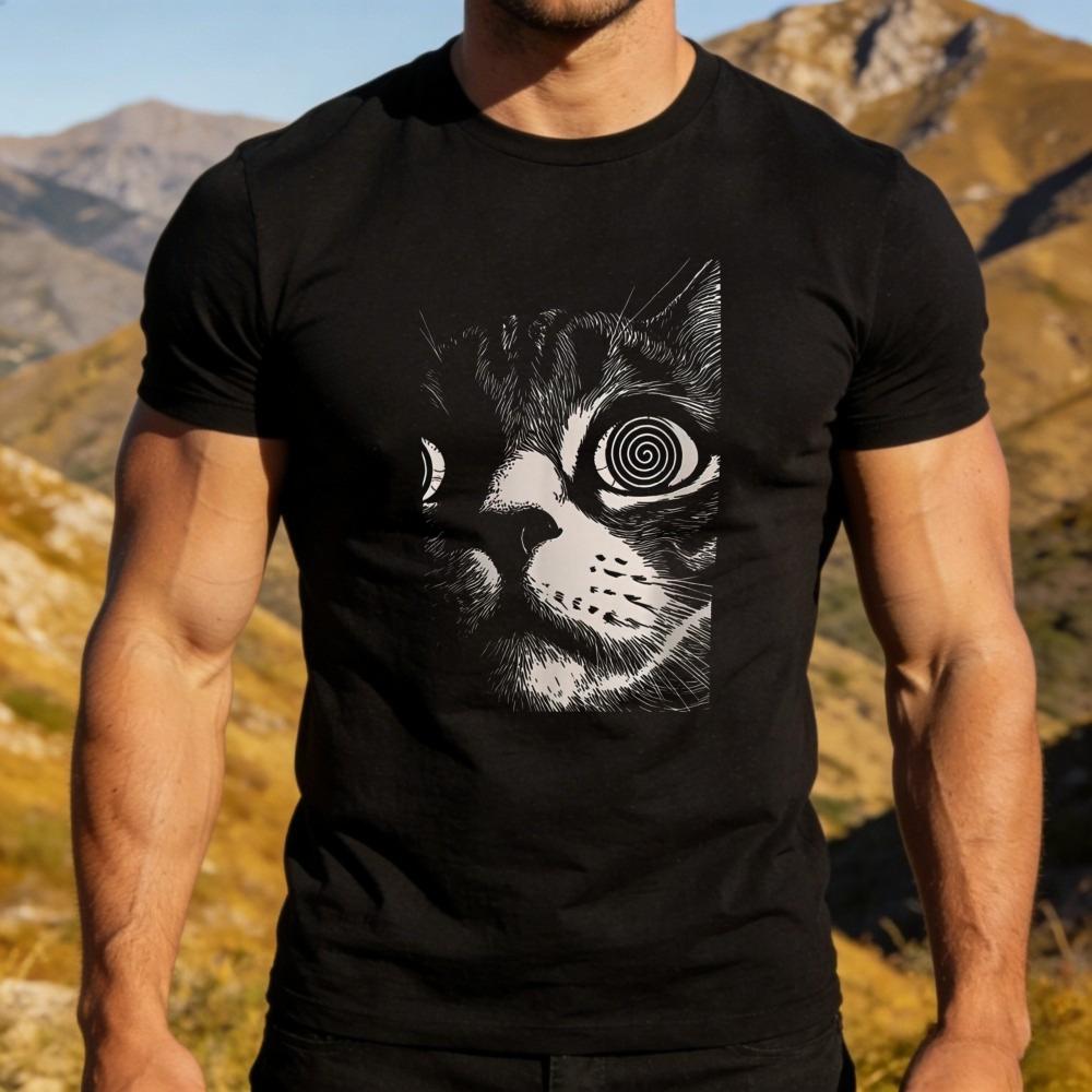 Hypno Cat Spiralaugen Grafik T-Shirt Herren Baumwolle Lustig Katzenliebhaber Kurzarm Tee Psychedelisch Meme Lässig Outdoor Tägliches Outfit