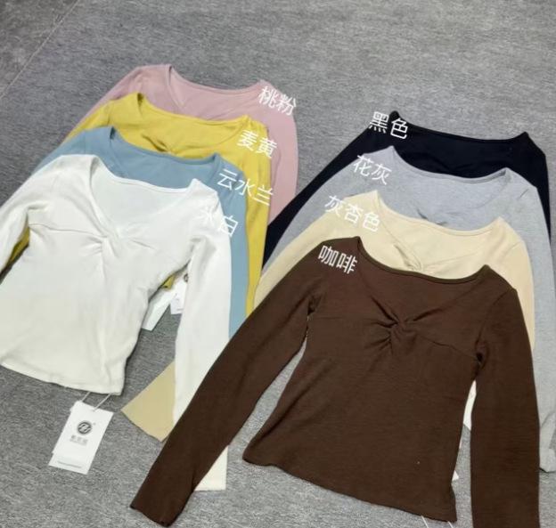 Women's V-neck Twisted Pleated Drop Shoulder Long Sleeve Spring Slimming T-shirt