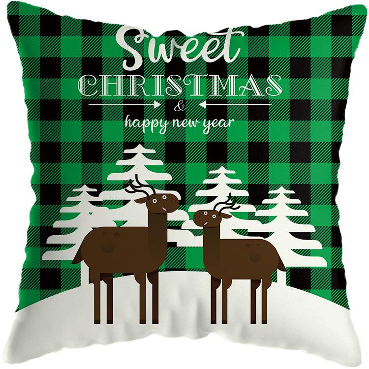 Christmas Theme Green Plaid Santa Snowman Print Pattern Cushion Cover Home Sofa Decor Throw Pillow Cover 45x45cm