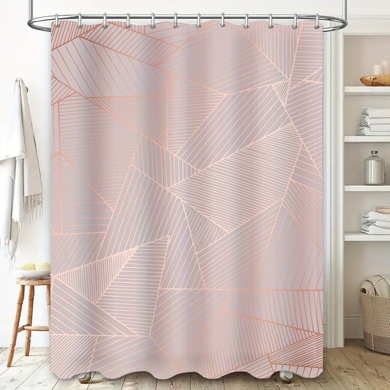 Modern Geometric Shower Curtain With Rustic Pink Light Gray Stripes Decorative Bathtub Liner For Bathroom Made In China (Length: