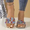 Colorful Rhinestone Flat Sandals for Women Summer Square Toe Beach Slippers Woman Gold Silver Gemstone Decoration Fashion Slides