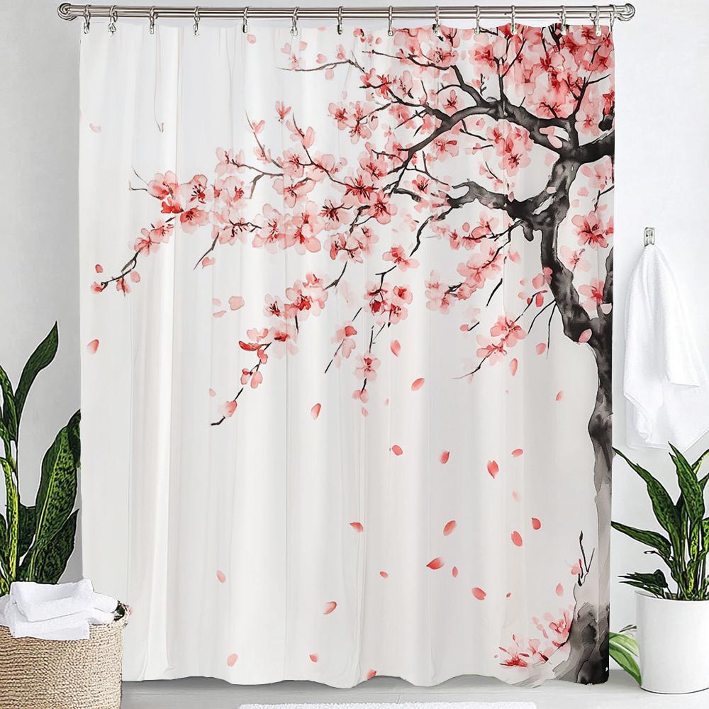 1pc Pink Plum Blossom Flower Print Waterproof Shower Partition Privacy Hanging Curtain with Hooks Multiple Size Machine Washable